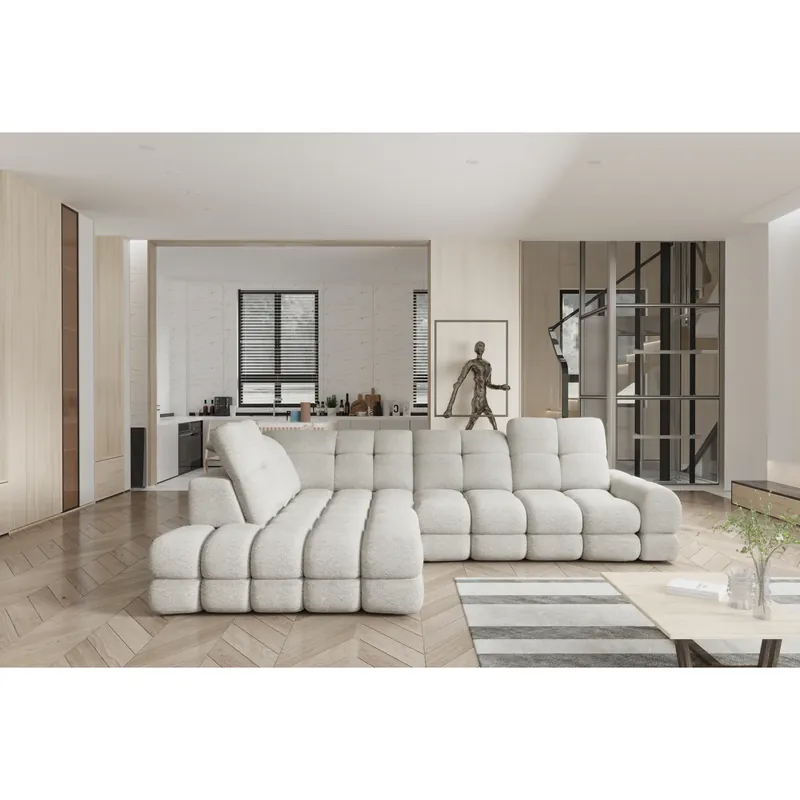 Coltar extensibil TOLLO L, sezlong stanga, stofa catifelata crem deschis - Shanghai 01, Gama Premium, cu lada depozitare si reglaj electric, 302x217x105 cm Ultima șansă