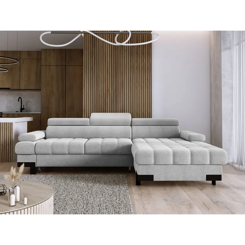 Ofertă exclusivă Coltar extensibil SELVA MINI, sezlong dreapta, stofa catifelata maro - Palladium 04, Gama Premium, cu lada depozitare si tetiere reglabile, 270x173x95 cm