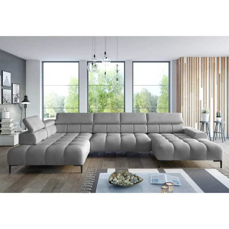 Coltar extensibil modern PLAZA XL, sezlong stanga, stofa catifelata gri inchis - Salvador 15, Gama Premium, cu reglaj electric si tetiere reglabile, 385x216x99 cm Reducere