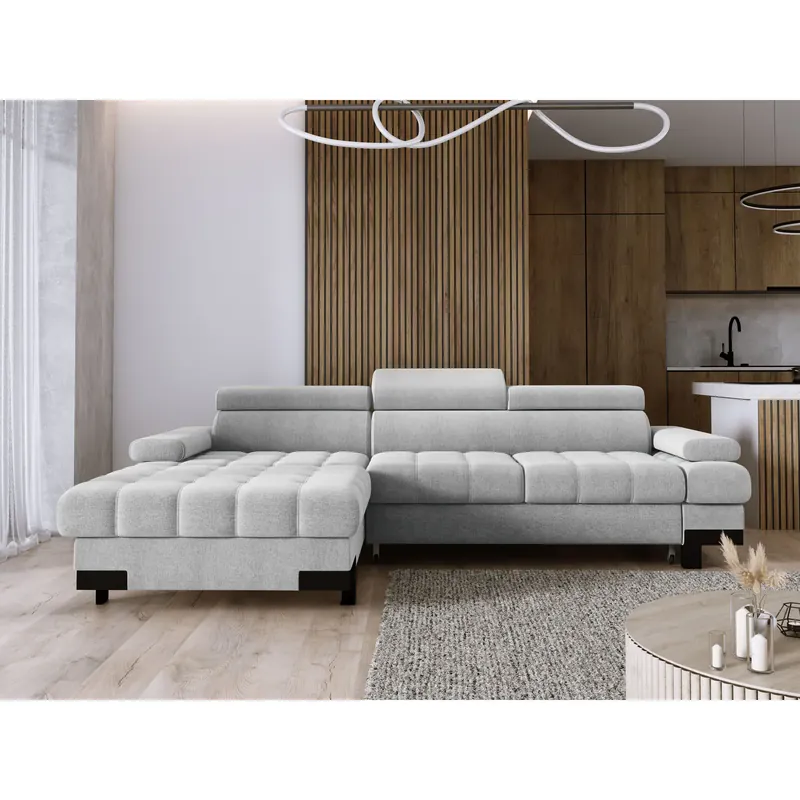 Coltar extensibil SELVA MINI, sezlong stanga, stofa catifelata violet - Whisper 14, Gama Premium, cu lada depozitare si tetiere reglabile, 270x173x95 cm Mai ieftin