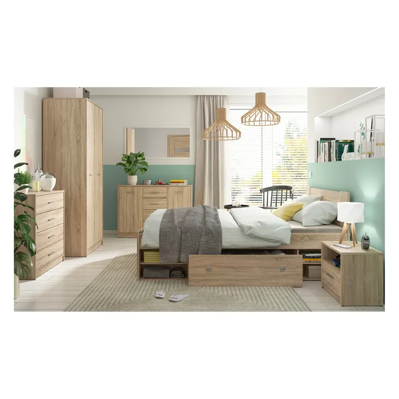 Set dormitor NEPO PLUS, stejar sonoma, pat 140x200, dulap cu 2 usi, 2 comode si noptiera Plată sigură