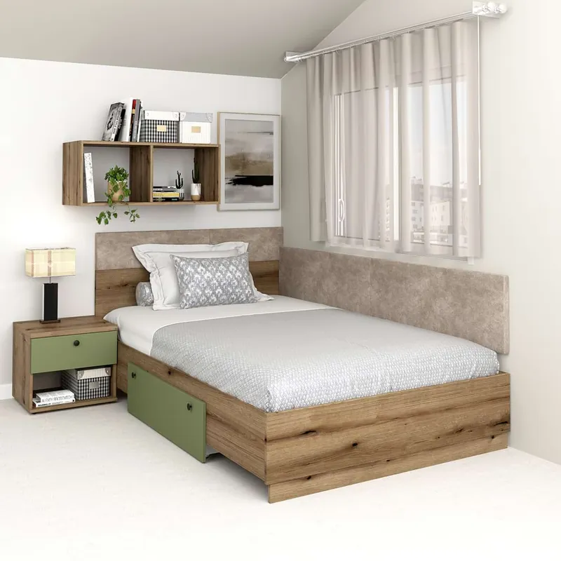 Ofertă specială Pat colt de o persoana AMBRO fara saltea, 90x200, sertar lateral, Stejar, Verde Eucalipt