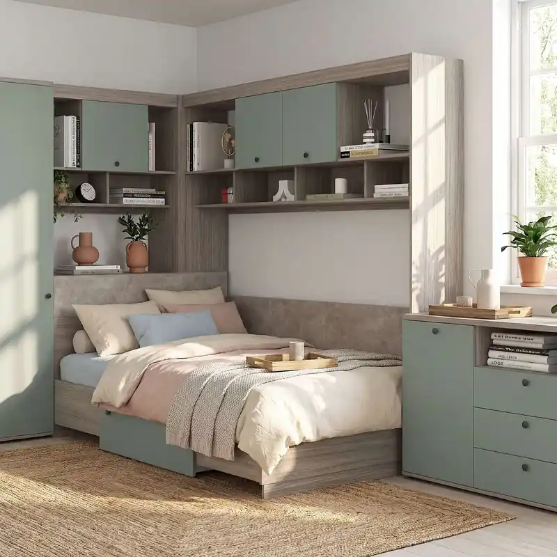 Dormitor complet AMBRO 11 cu comoda Oak, Verde Eucalipt si saltea inclusa Doar azi