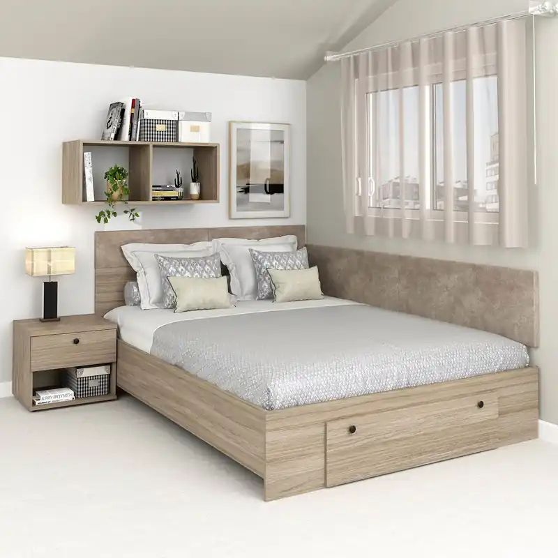 Preț promoțional Pat colt AMBRO cu saltea inclusa, sertar frontal, 140x200, Oak