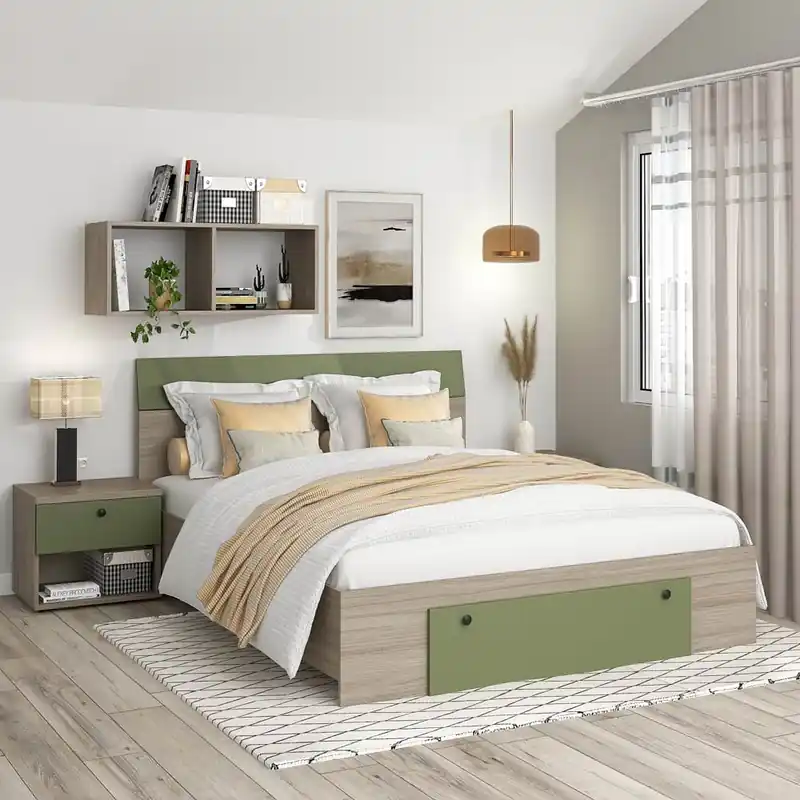 Pat AMBRO cu saltea si noptiere incluse, sertar frontal, Oak, Pesto Disponibil imediat
