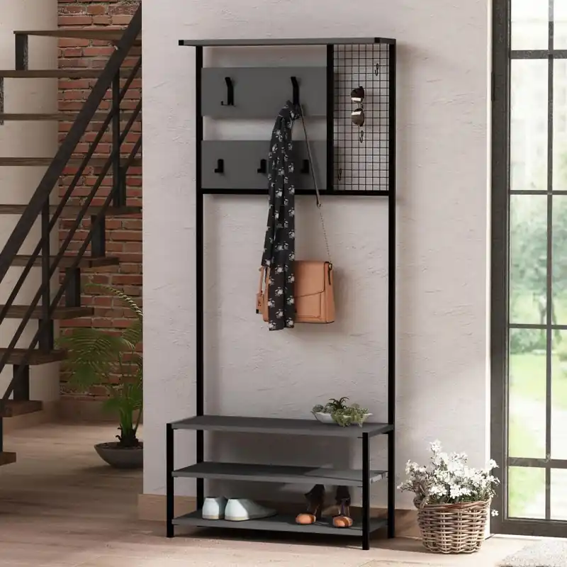 Disponibil imediat Cuier de perete cu pantofar NOMAD 182x78 cm negru/antracit