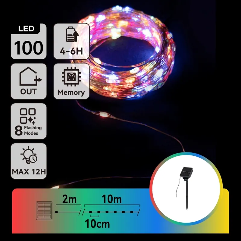 Aigostar - Ghirlandă solară cu LED, 100 LED-uri / 8 funcții, 12 m, IP65, multicolor, acumulator 800 mAh Ofertă limitată