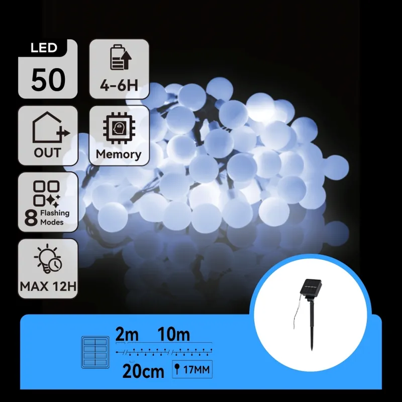 Reduceri Instalație LED solară decorativă Aigostar 50xLED/8 funcții 12m IP65 800 mAh alb rece