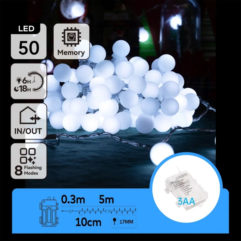 Aigostar - Ghirlandă LED de exterior, 50 LED/3x AA/8 funcții, 5,3 m, IP44, alb rece Premium