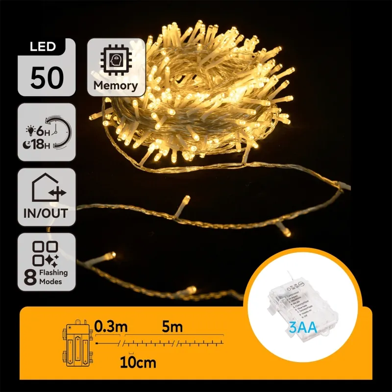 Aigostar - Ghirlandă LED pentru exterior, 50 LED/8 funcții, 3xAA, 5,3 m, IP44, alb cald Retur ușor