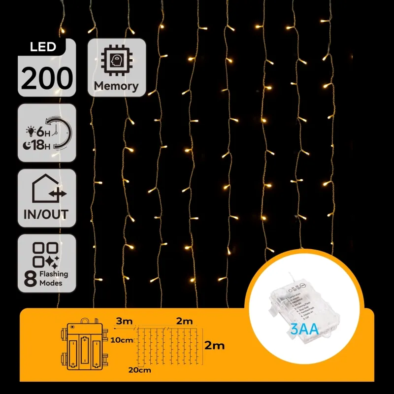 Aigostar - Instalație luminoasă LED de Crăciun pentru exterior, 200 LED, 8 funcții, alimentare 3xAA, 5x2m, IP44, alb cald Cumpără acum