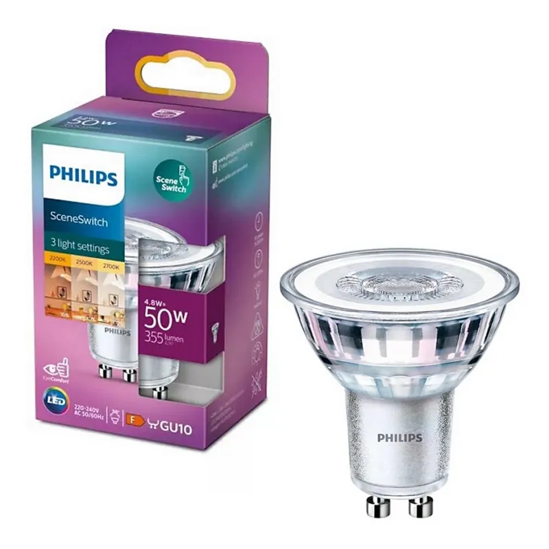 Bec LED Philips SceneSwitch PAR16 GU10, 4,8W, 230V, 2200/2500/2700K — comutare în 3 trepte Mai ieftin