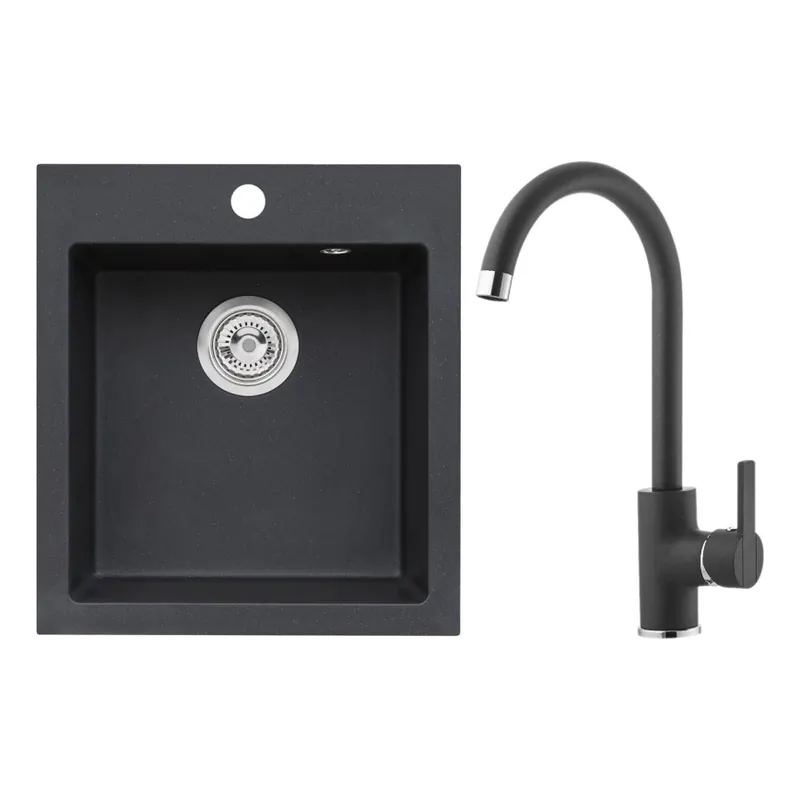 ALVEUS SETA737 - Chiuvetă de bucătărie CORTINA, 50 x 45 cm + baterie pentru chiuvetă TONIA, cu braț flexibil 29,5 cm, granit / negru mat Livrare expres