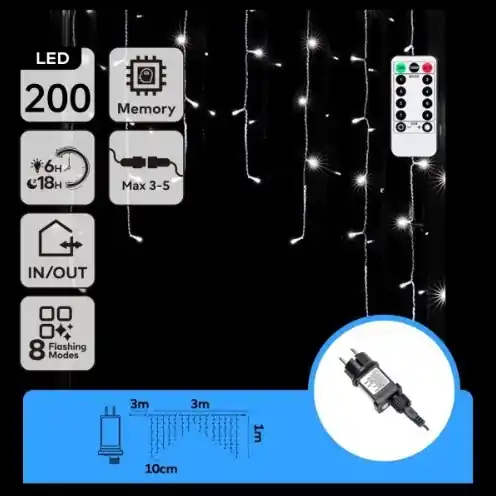 Preferatul clienților Aigostar - Ghirlandă LED pentru exterior, 200 LED, 6W, 230V, 8 moduri de iluminare, 3 x 1 m, IP44, alb rece, cu telecomandă