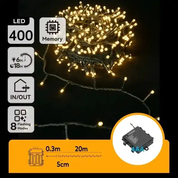 Aigostar - Instalație luminoasă LED de exterior pentru Crăciun 400xLED/8 funcții 4xAA 20,3 m IP44 alb cald Preț promoțional