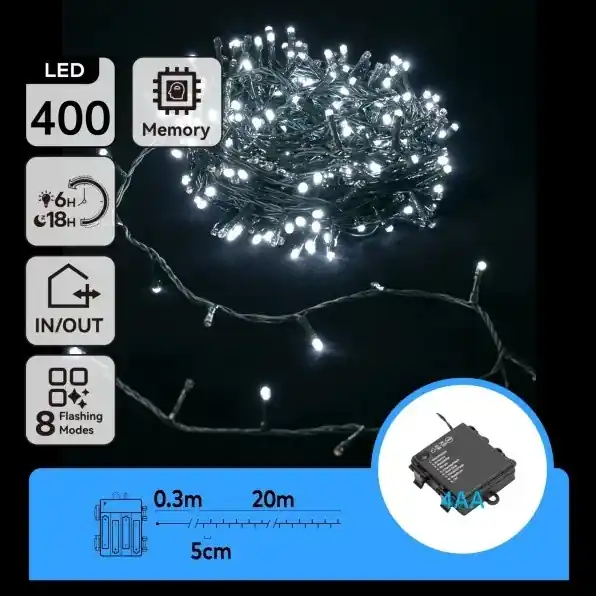 Aigostar - Ghirlandă LED de exterior pentru Crăciun, 400 LED, 8 funcții, 4x AA, 20,3 m, IP44, alb rece Popular