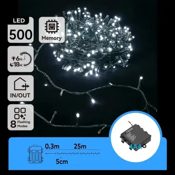 Aigostar - Ghirlandă LED de Crăciun pentru exterior, 500 LED, 8 moduri, alimentare 4xAA, 25,3 m, IP44, alb rece Livrare rapidă