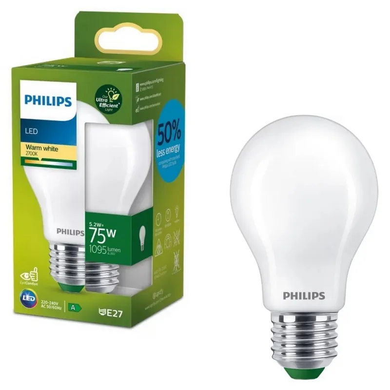 Bec LED Philips A60 ULTRAEFFICIENT E27/5,2W/230V 2700K Plată securizată