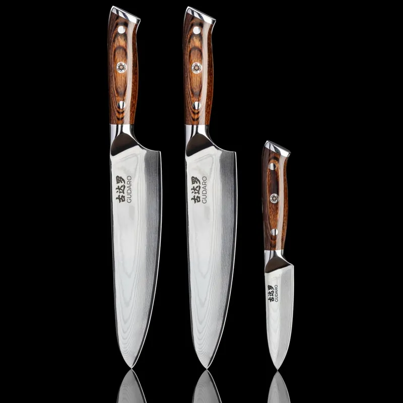 Premium Gudaro - Set 2x cuțit de bucătar FENG 8", din oțel damasc, 67 de straturi, lungime 20 cm + 1x cuțit de bucătărie FENG 3,5", din oțel damasc, 67 de straturi, lungime 9,5 cm CADOU