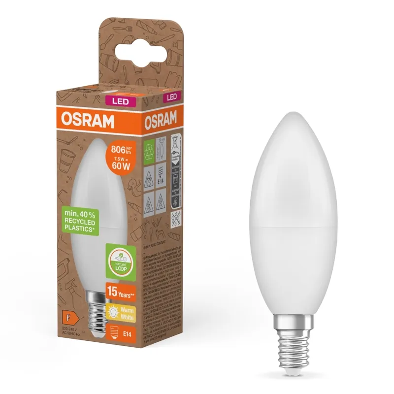Bec LED B39, E14, 7,5 W, 230 V, 2700 K, din plastic reciclat - Osram Calitate înaltă