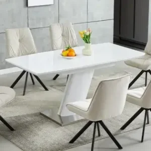 Set Masa Living Extensibila KJT380 Alb cu 6 Scaune KJC356 Bej Popular
