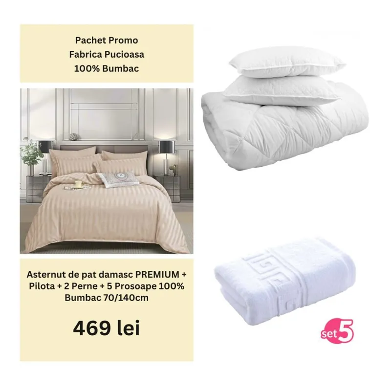 Disponibil imediat Pachet Promo – Lenjerie de pat damasc PREMIUM + Set 5 prosoape 100% Bumbac + Pilota + 2 Perne | 0007