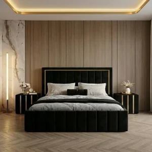Pat tapitat Atena 160×200 cm, Negru + Saltea Superortopedica Gold, grosime 20 cm + Set 2 noptiere Hugo, Negru Reducere extra