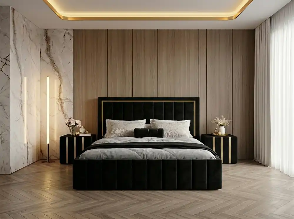 Pat tapitat Atena 160×200 cm, Negru + Saltea Superortopedica Gold, grosime 20 cm + Set 2 noptiere Hugo, Negru Reducere extra