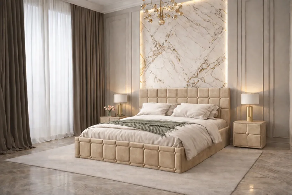 Pat tapitat Royal 160×200 cm, Bej + Saltea Superortopedica Gold, grosime 20 cm + Set 2 noptiere Royal, Bej Plată securizată
