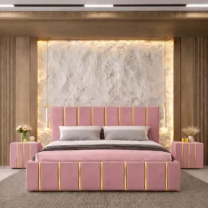 Pat tapitat Hugo 180×200 cm, Roz+ Saltea Superortopedica Gold, grosime 20 cm + Set 2 noptiere Hugo, Roz Reducere specială