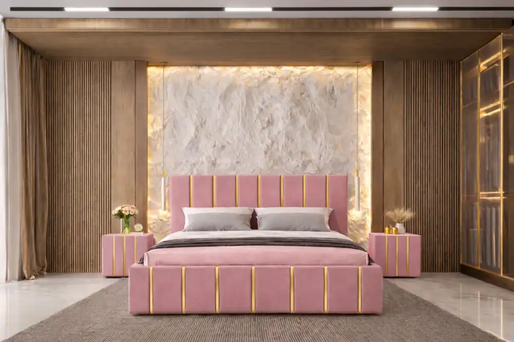 Pat tapitat Hugo 180×200 cm, Roz+ Saltea Superortopedica Gold, grosime 20 cm + Set 2 noptiere Hugo, Roz Reducere specială