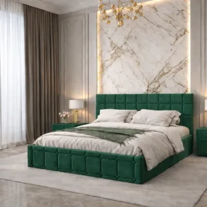 Pat tapitat Royal 140×200 cm, Verde + Saltea Superortopedica Gold, grosime 20 cm + Set 2 noptiere Royal, Verde Cumpărături sigure
