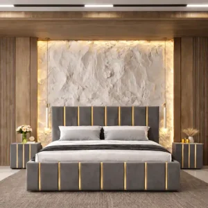 Premium Pat tapitat Hugo 140×200 cm, Gri+ Saltea Superortopedica Gold, grosime 20 cm + Set 2 noptiere Hugo, Gri