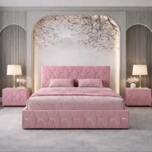 Pat tapitat Nova 180×200 cm, Roz + Saltea Superortopedica Gold, grosime 20 cm + Set 2 noptiere Nova, Roz Livrare expres