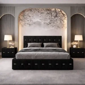 Discount Pat tapitat Nova 160×200 cm, Negru + Saltea Superortopedica Gold, grosime 20 cm + Set 2 noptiere Nova, Negru