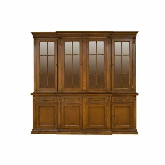 Bufet Vitrină 4 Uși Diana, expunere + depozitare, masiv fag + panel + MDF furniruit nuc, 240x58x140 h cm, finisaj la alegere Preferatul clienților