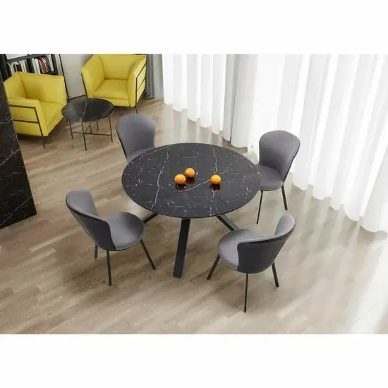Disponibil imediat Masă Vertigo reglabilă, blat sticlă ultradură marmură neagră, cadru oțel, 130-180x130x76 cm, negru