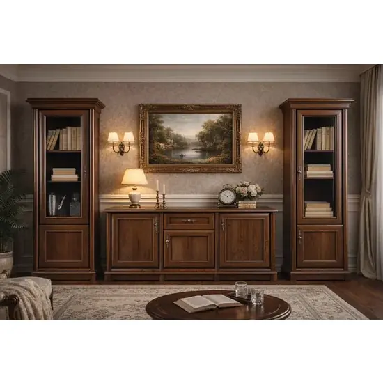 Set mobilă living Sonata, stil clasic, fronturi frezate, vitrine sticlă, PAL laminat + MDF, 295x45x205 cm Retur gratuit