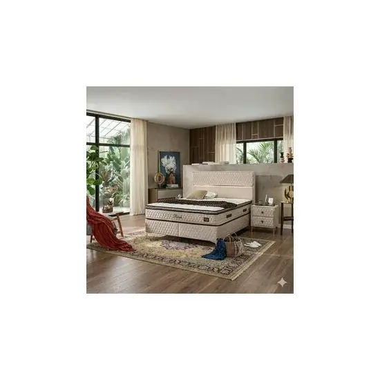 Reducere specială Pat Petek, crem - 180x200 cm, tăblie capitonată, spațiu depozitare integrat, tapițerie stofă premium