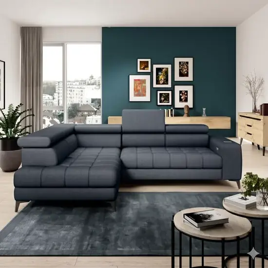 Coltar BAGGIO - 280x196x100 cm, materiale prsonalizabile sezlong stanga, cu reglaj electric, incarcator wireless, lada depozitare si tetiere reglabile Retur gratuit