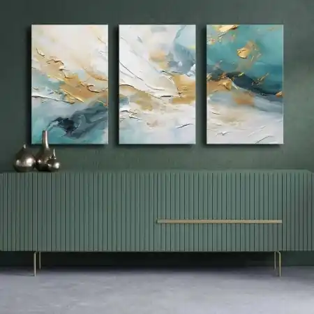 Calitate înaltă Set 3 tablouri decorative canvas 45x70 cm, panza 100% grosime 2.8mm, rama lemn pin 100%, dimensiune totala 145x70 cm, alb/auriu/albastru - Verificat A · Re-Bloom
