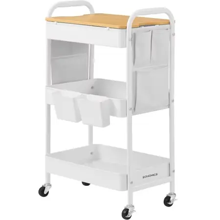 Raft de depozitare SONGMICS mobil tip carucior rulant, pentru baie sau bucatarie, cadru otel cu blat MDF, 31x44x74 cm, alb, Resigilat, Grad A Reduceri