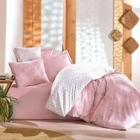 Expediere rapidă Set husa pilota + fata de perna, bumbac ranforce 100%, 135x200 cm + 80x80 cm, roz/alb - Verificat A · Re-Bloom