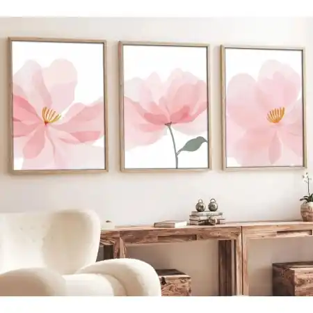 Promoție Set tablou decorativ Re-Bloom, 3 piese, model floral, lemn masiv/MDF, alb/roz/verde, 30 x 40 cm