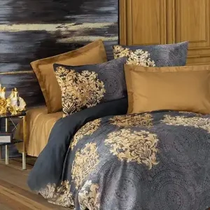 Ofertă limitată Set husa pilota + fata de perna, satin bumbac 100%, 135x200 cm + 80x80 cm, gri/auriu - Verificat A · Re-Bloom