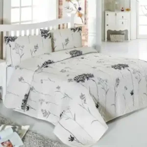 Set cuvertura matlasata + 2 fete de perna, 65% bumbac/35% poliester, 240x220 cm + 2x60x60 cm, umplutura fibra 100%, 260g/m², bej/gri - Verificat A · Re-Bloom Livrare rapidă