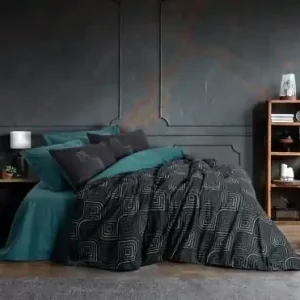 Calitate înaltă Set husa pilota + fata de perna, bumbac ranforce 100%, 135x200 cm + 80x80 cm, albastru petrol/negru - Verificat A · Re-Bloom