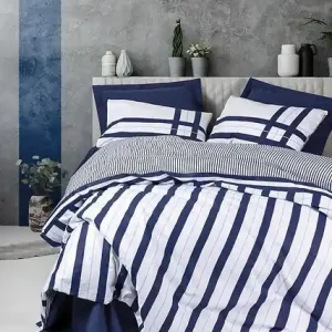 Calitate înaltă Set husa pilota + fata de perna, bumbac ranforce 100%, 135x200 cm + 80x80 cm, nasturi/plic, alb/albastru inchis - Verificat A · Re-Bloom