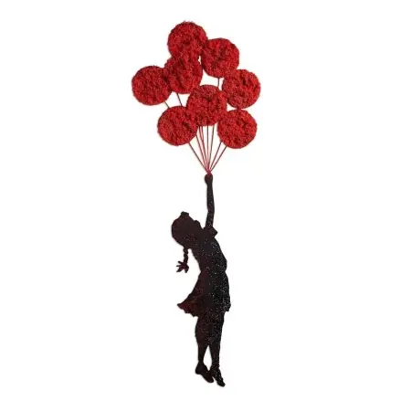 Cumpărături sigure Decor de perete model fetita cu baloane, metal/muschi 100x34 cm, grosime 1.5mm, lucrat manual, rosu/negru - Verificat A · Re-Bloom