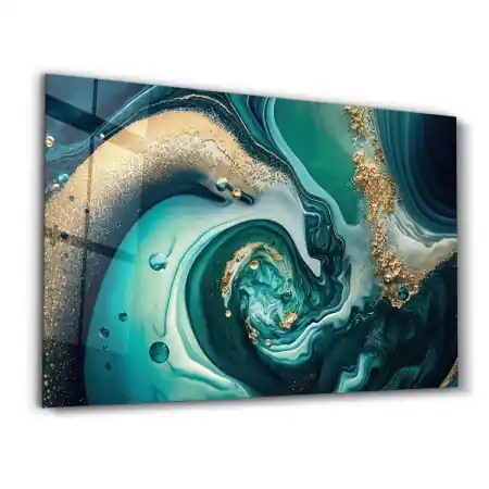 Tablou decorativ Re-Bloom, sticla temperata, albastru/verde/auriu, 70 x 110 cm Livrare rapidă